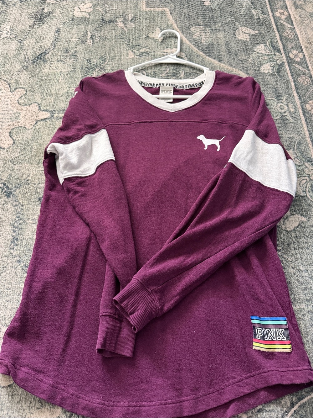 PINK Plum Long Sleeve V-Neck Pullover with White Accents
